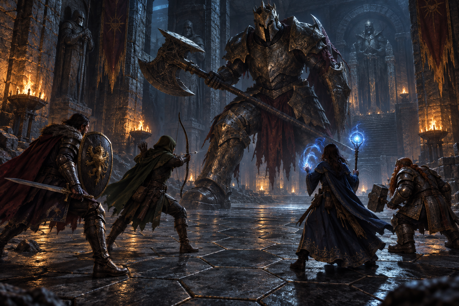 Four adventurers face a dungeon guardian on a stone battlefield