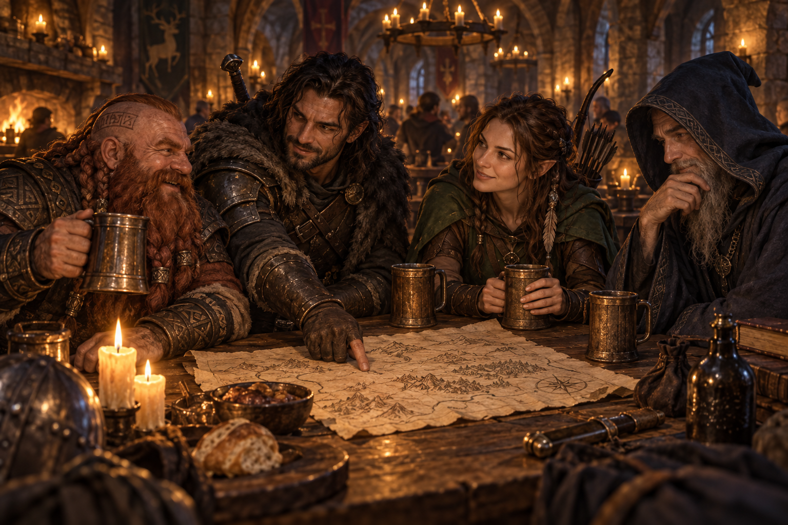 An adventuring party shares a candlelit table at the Tavern