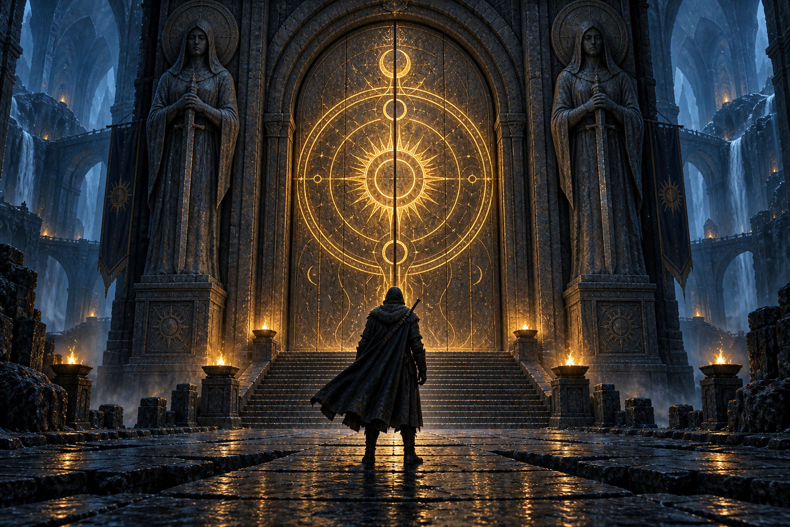A lone adventurer approaches a golden sigil in an ancient hall